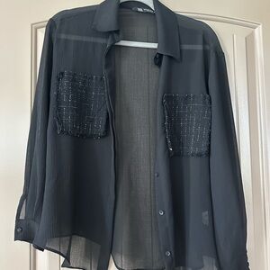 Zara Black Sheer Button-Down Shirt with Textured Pocket Panels
